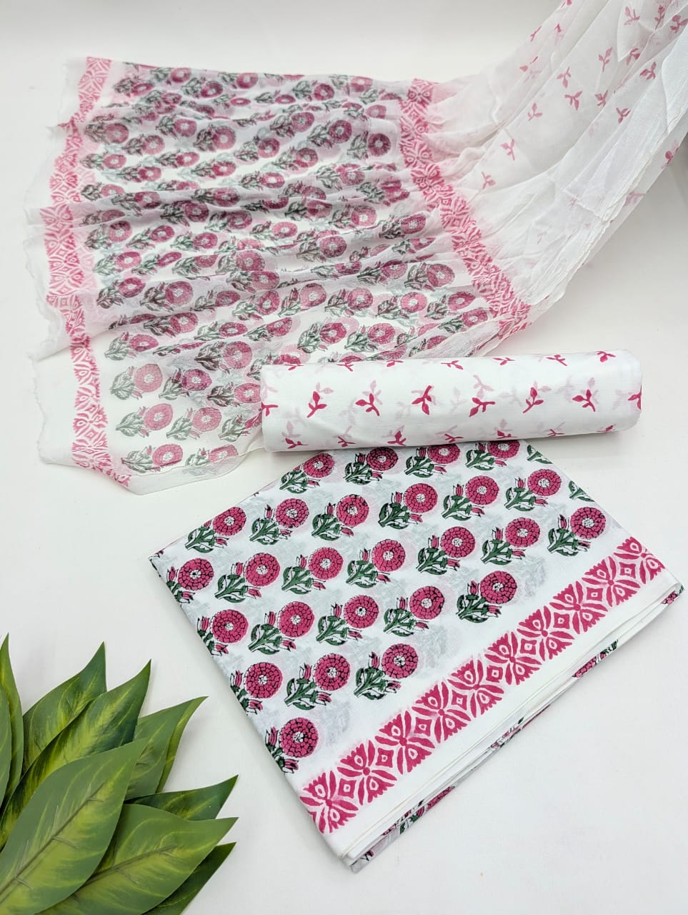 Hand Block Cotton Salwar Suit Set with Chiffon Dupatta