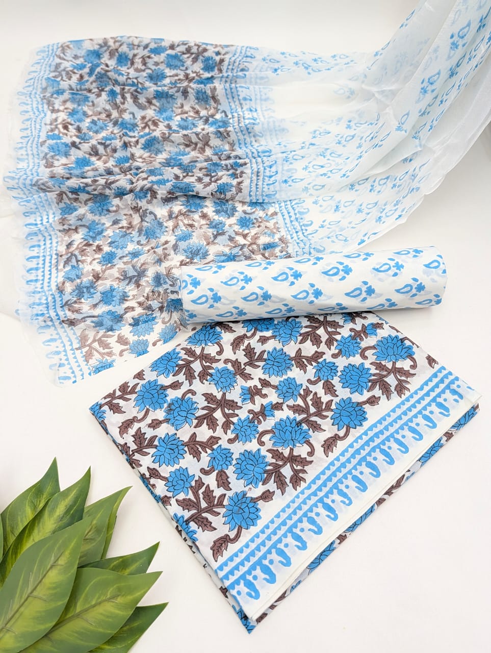 Hand Block Cotton Salwar Suit Set with Chiffon Dupatta