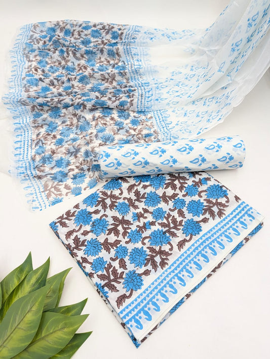 Hand Block Cotton Salwar Suit Set with Chiffon Dupatta