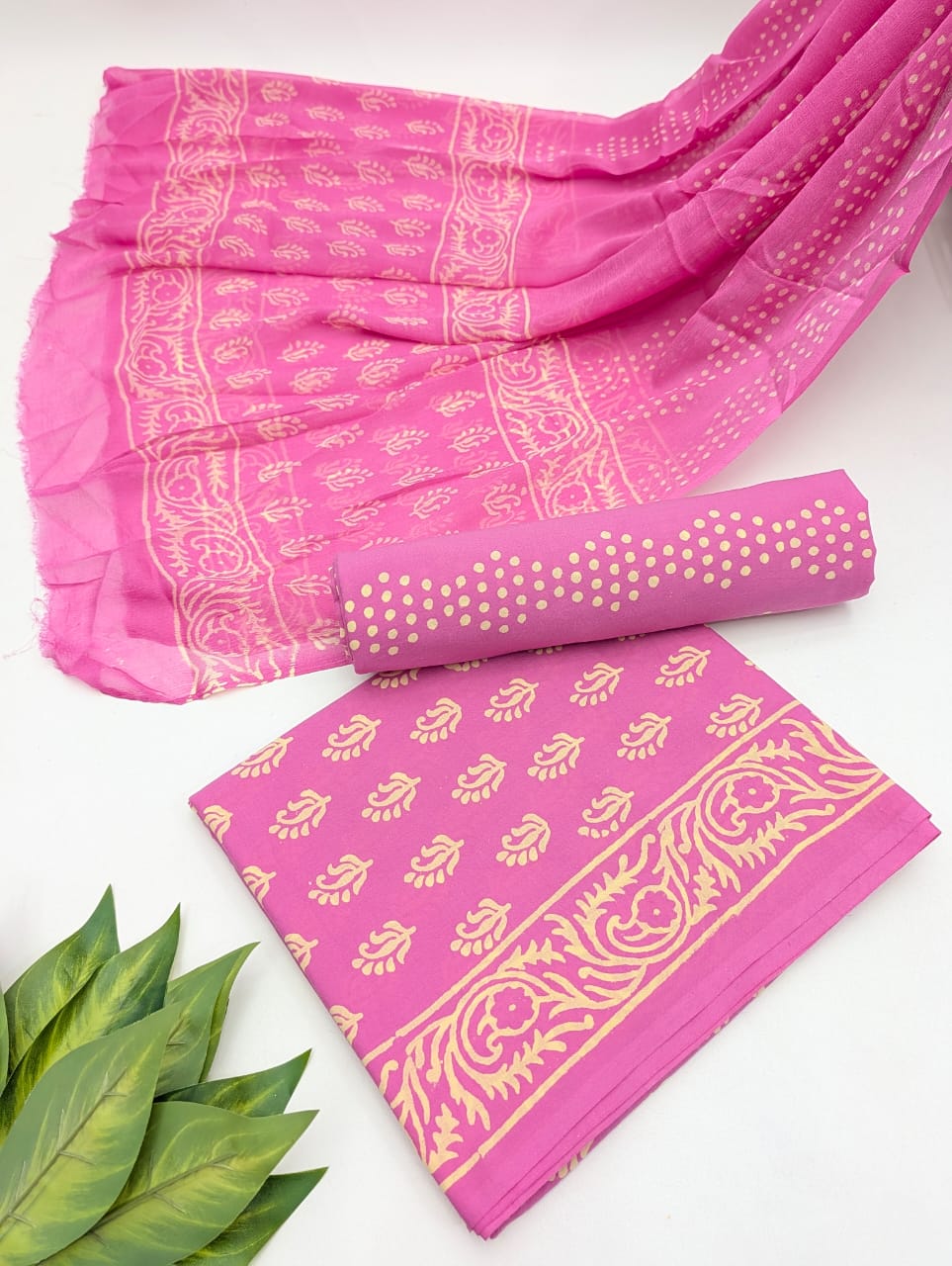 Hand Block Cotton Salwar Suit Set with Chiffon Dupatta
