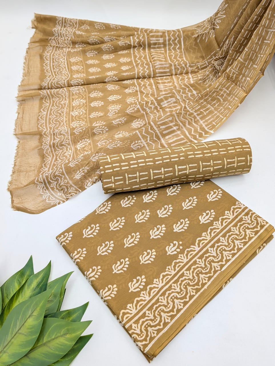 Hand Block Cotton Salwar Suit Set with Chiffon Dupatta