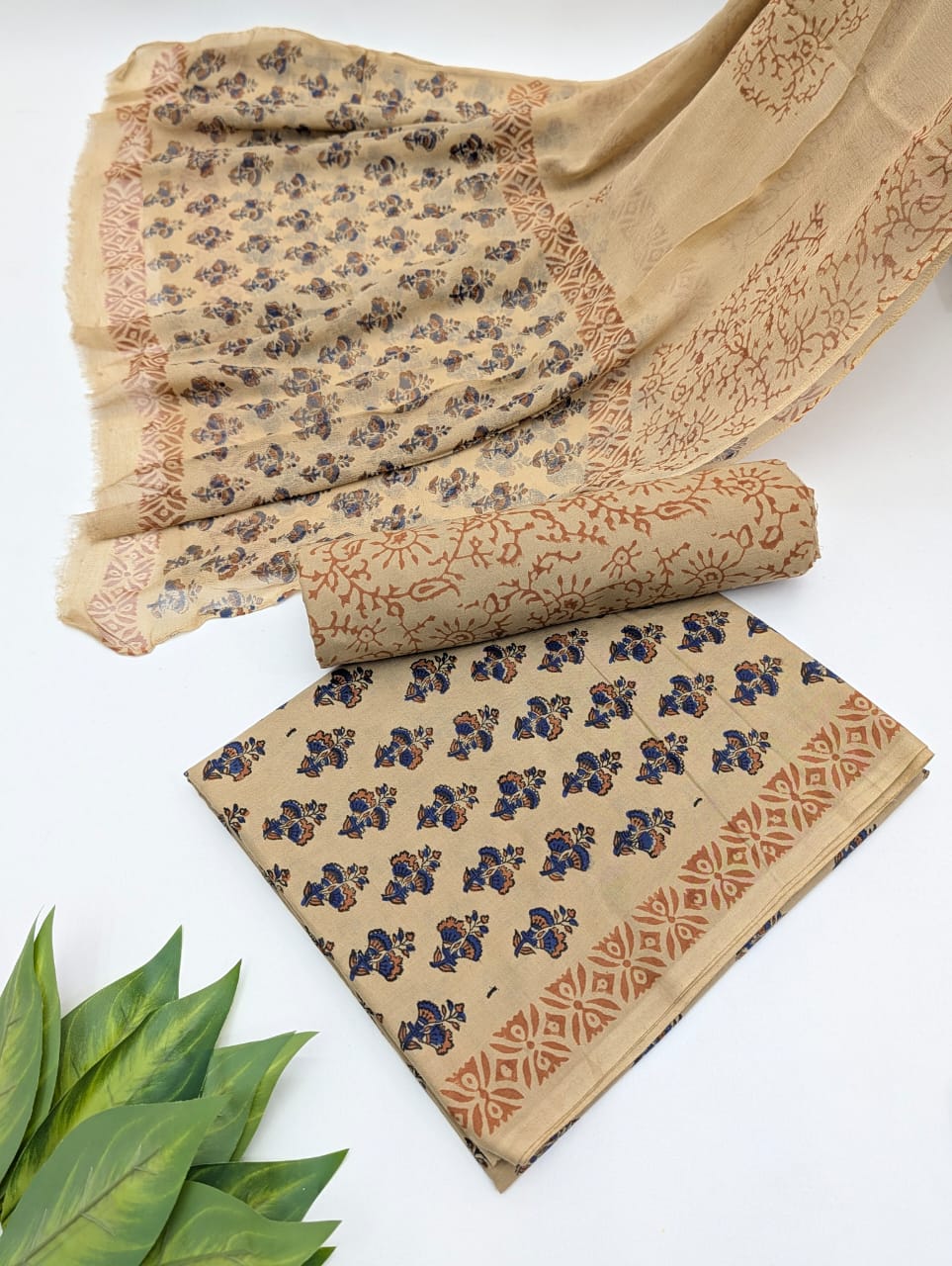Hand Block Cotton Salwar Suit Set with Chiffon Dupatta