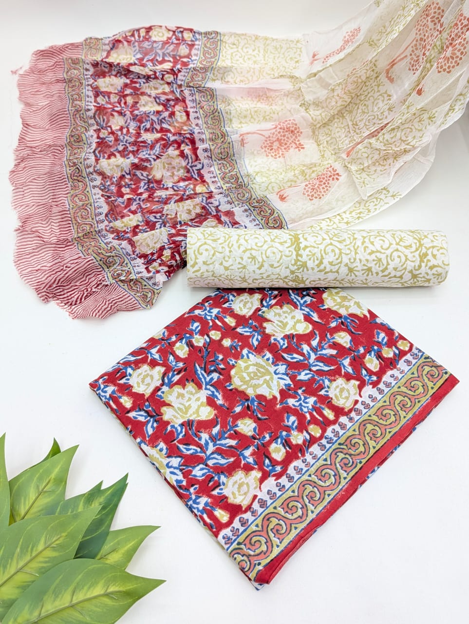 Hand Block Cotton Salwar Suit Set with Chiffon Dupatta