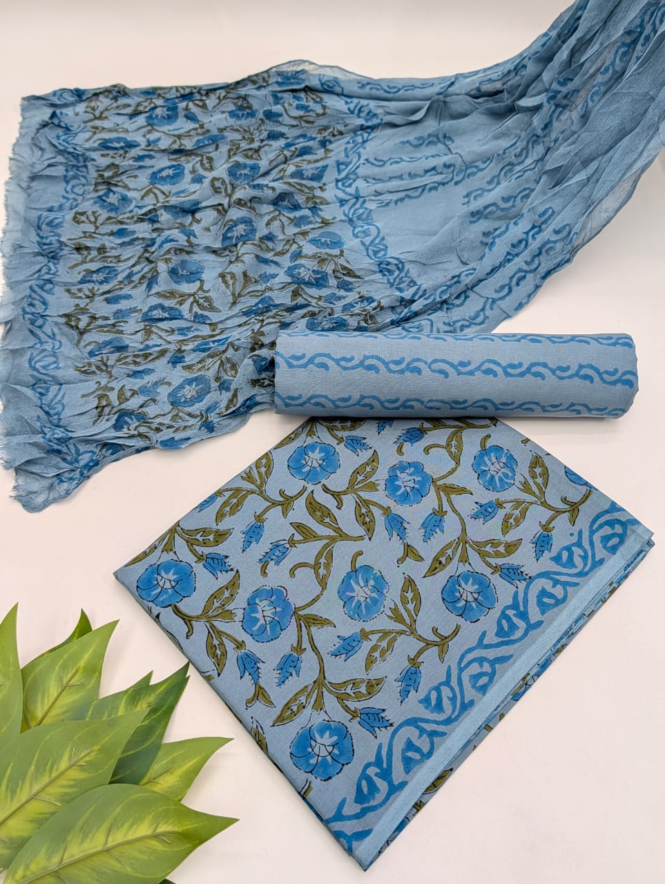 Hand Block Cotton Salwar Suit Set with Chiffon Dupatta