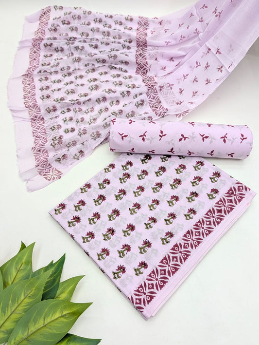 Hand Block Cotton Salwar Suit Set with Chiffon Dupatta