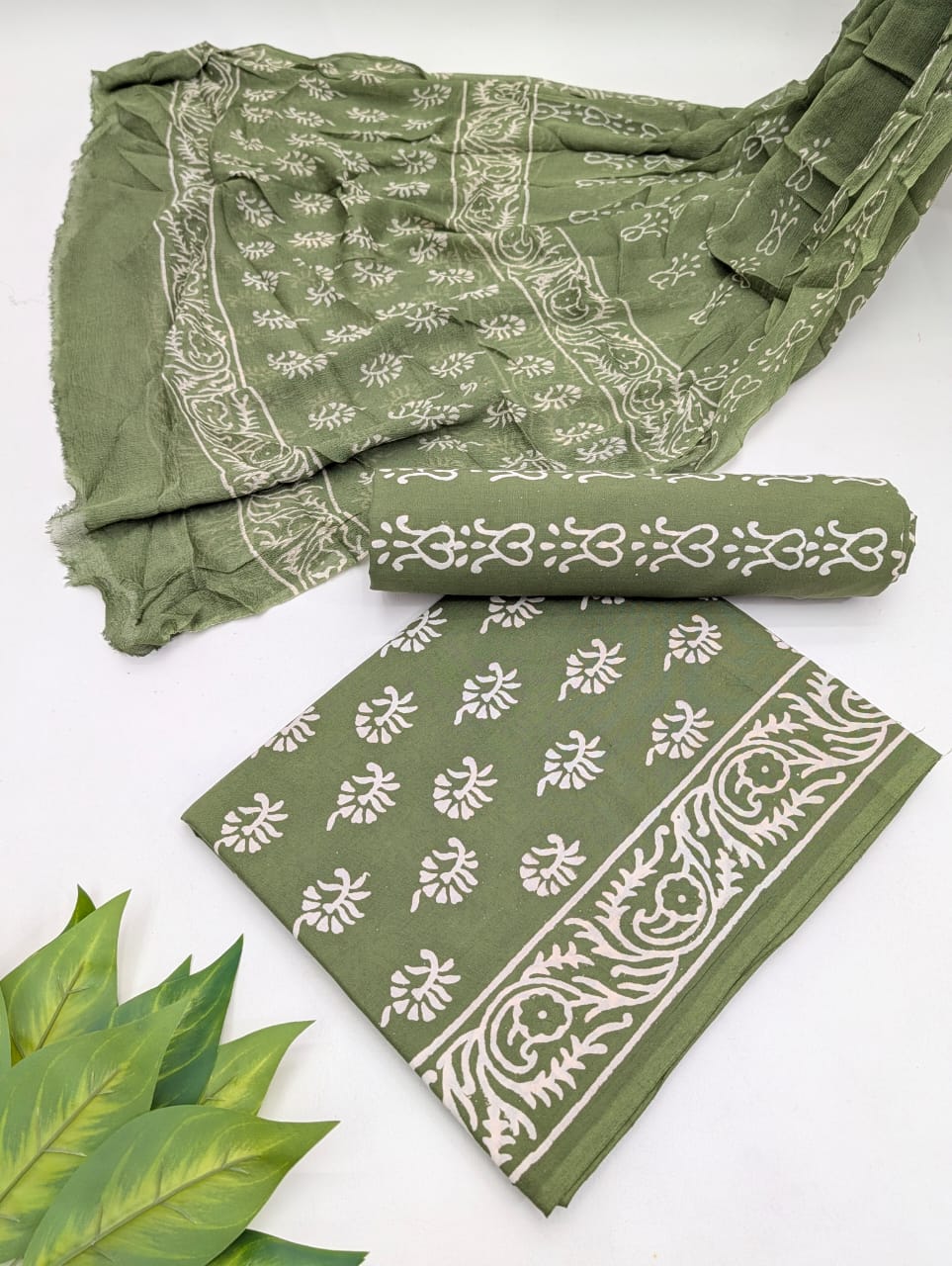 Hand Block Cotton Salwar Suit Set with Chiffon Dupatta