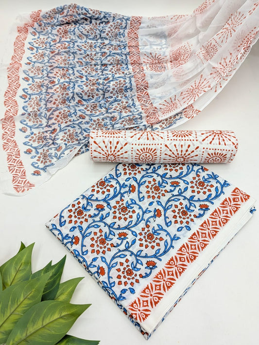 Hand Block Cotton Salwar Suit Set with Chiffon Dupatta