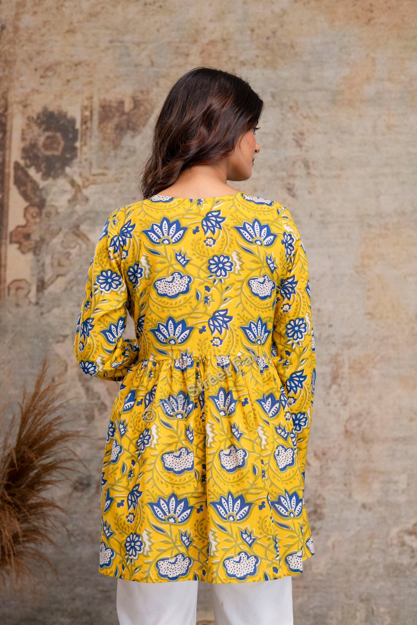 Floral Hand Block Cotton Short Kurti – Mustard Yellow
