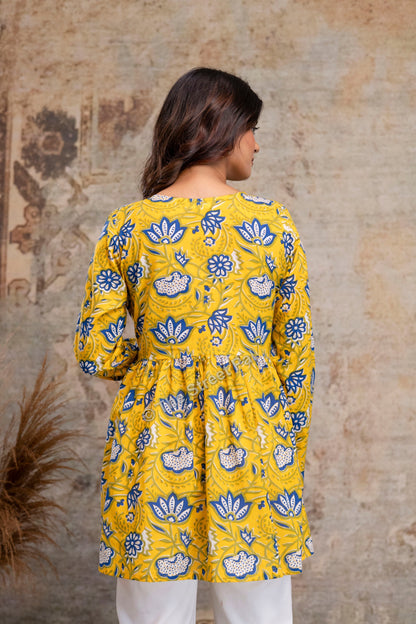 Floral Hand Block Cotton Short Kurti – Mustard Yellow
