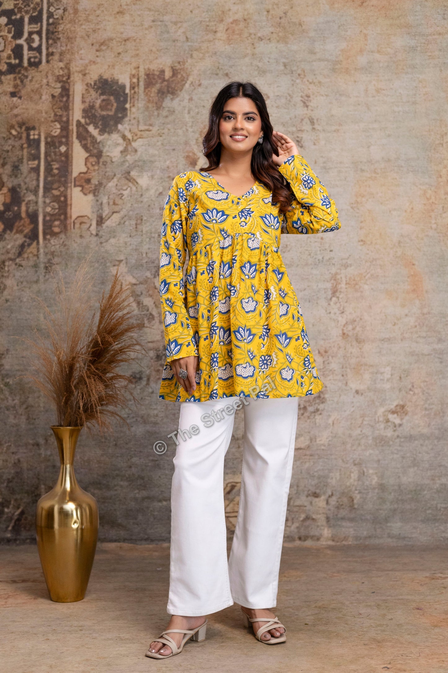 Floral Hand Block Cotton Short Kurti – Mustard Yellow