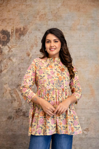 Floral Hand Block Cotton Short Kurti – Pastel Yellow Garden Print