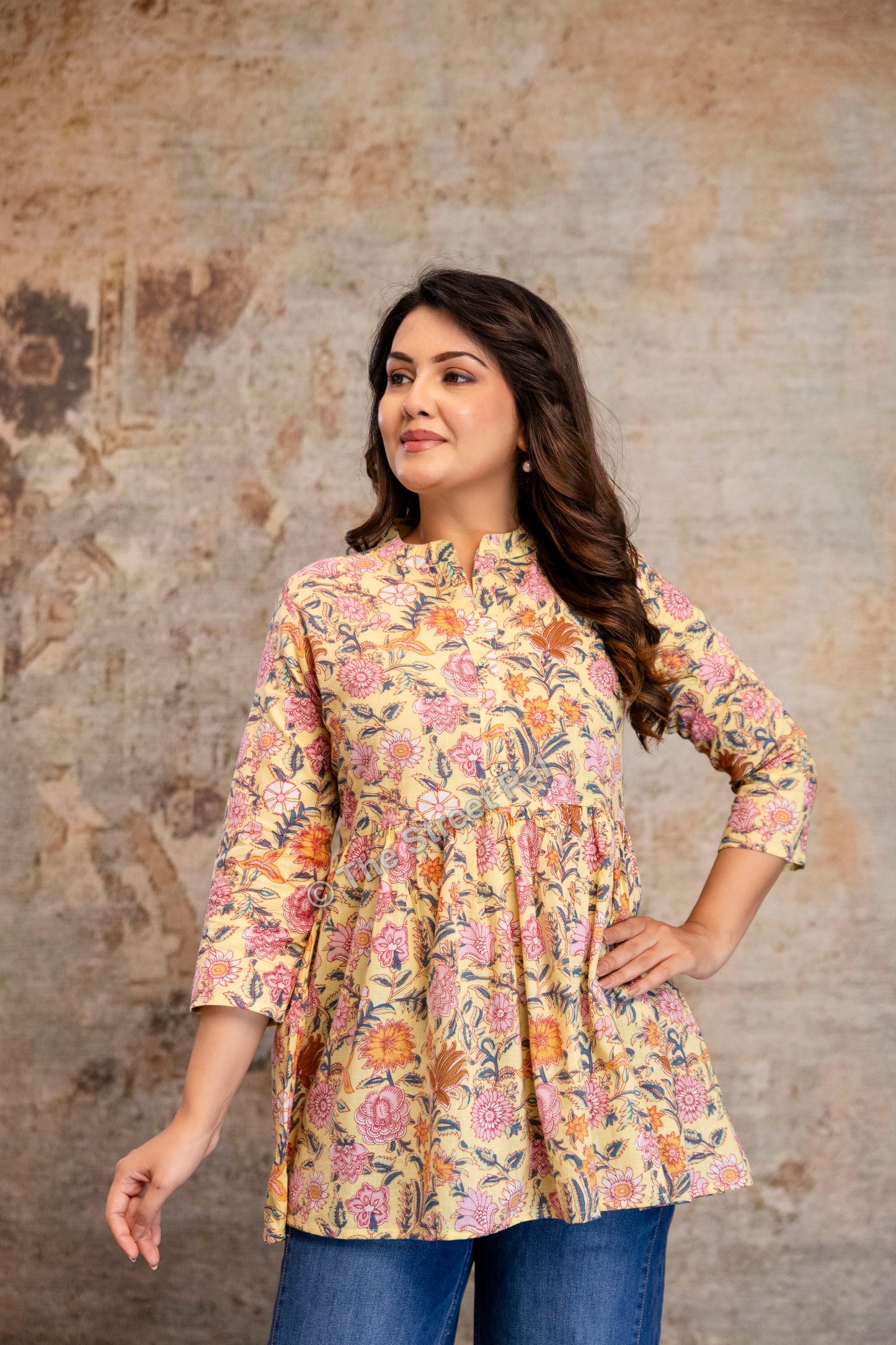 Floral Hand Block Cotton Short Kurti – Pastel Yellow Garden Print