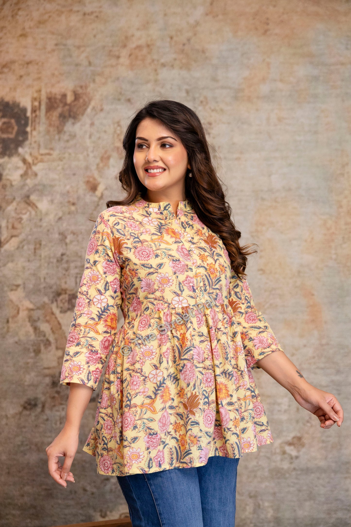 Floral Hand Block Cotton Short Kurti – Pastel Yellow Garden Print
