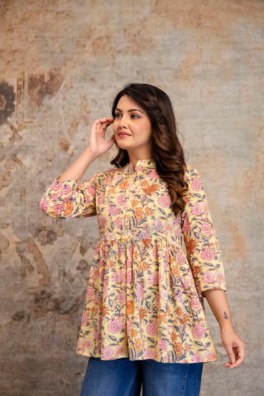 Floral Hand Block Cotton Short Kurti – Pastel Yellow Garden Print