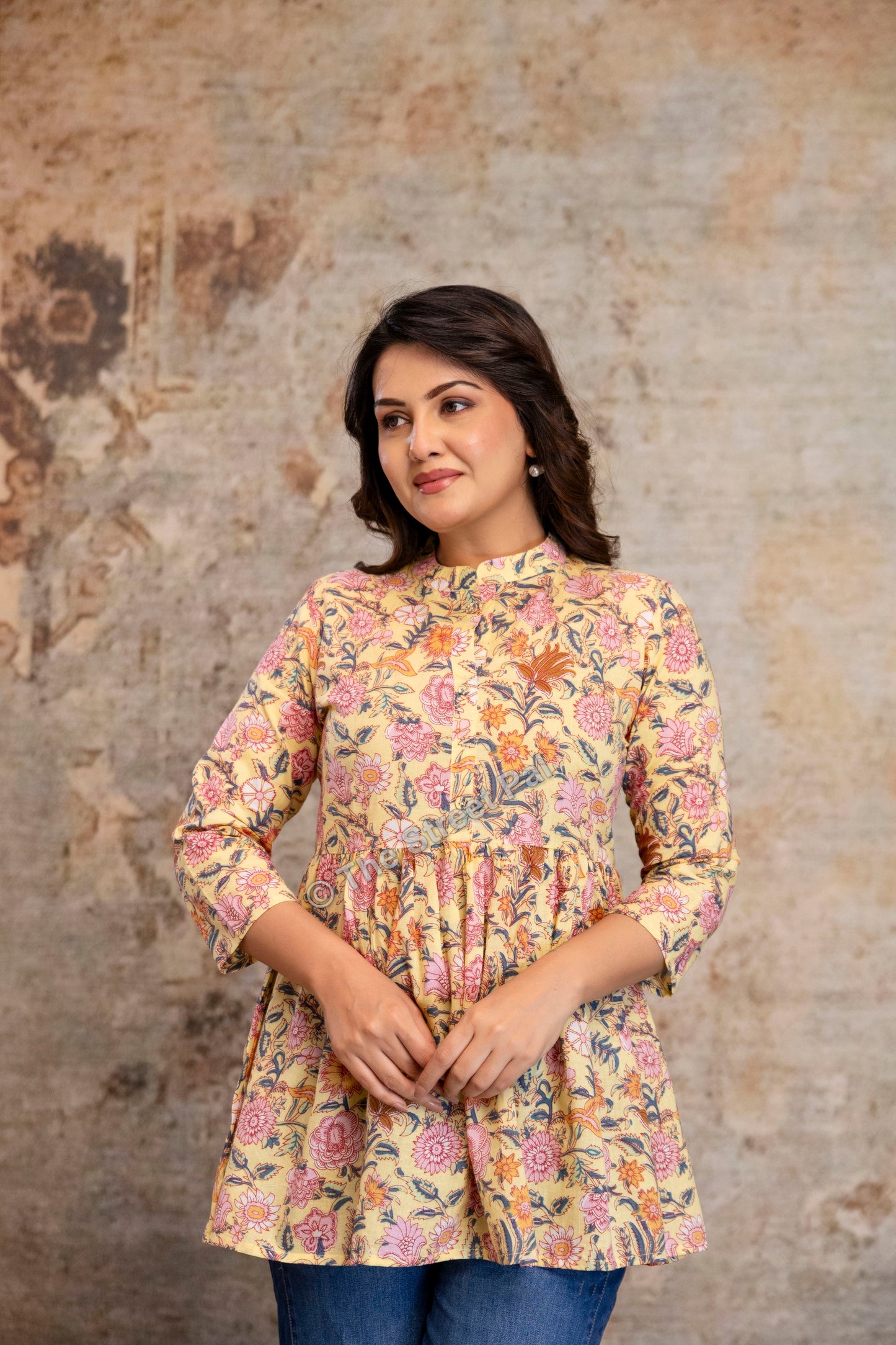 Floral Hand Block Cotton Short Kurti – Pastel Yellow Garden Print