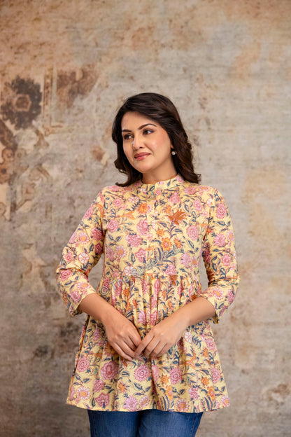 Floral Hand Block Cotton Short Kurti – Pastel Yellow Garden Print
