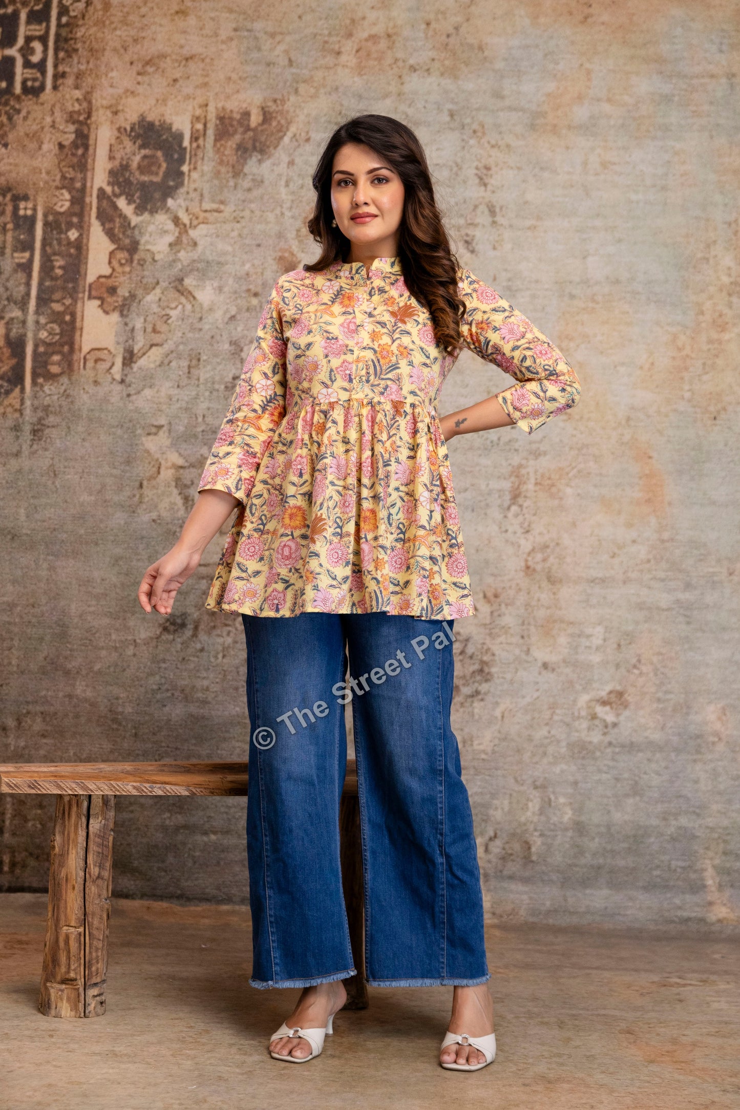 Floral Hand Block Cotton Short Kurti – Pastel Yellow Garden Print