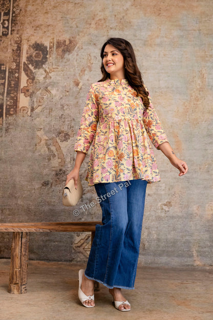 Floral Hand Block Cotton Short Kurti – Pastel Yellow Garden Print