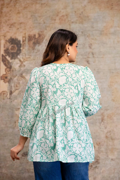 Hand Block Cotton Short Kurti – Mint Green Floral