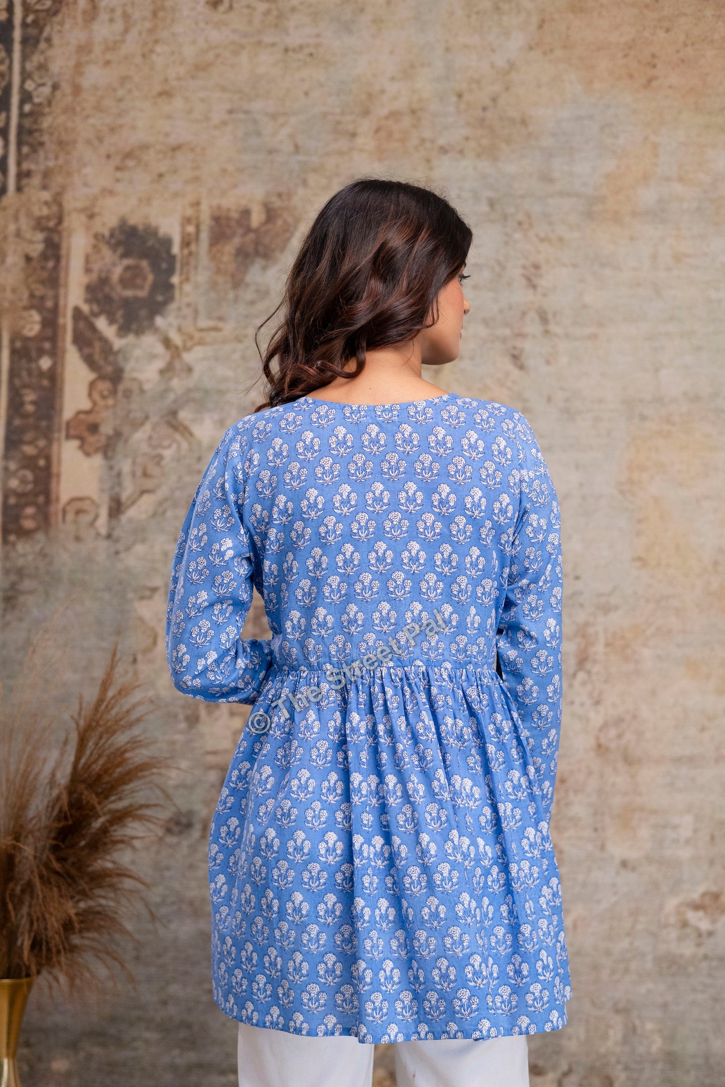 Floral Hand Block Cotton Short Kurti – Sky Blue
