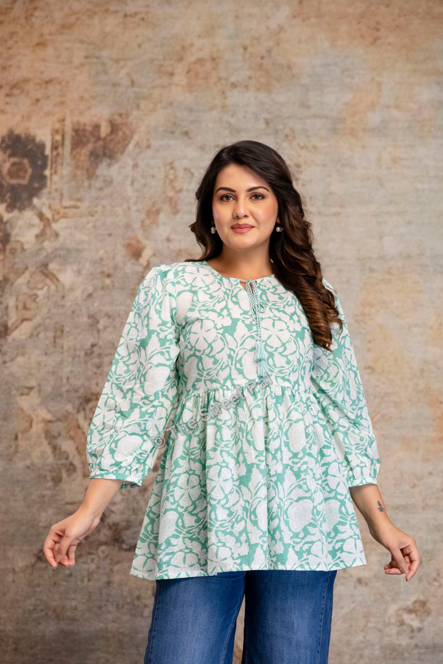 Hand Block Cotton Short Kurti – Mint Green Floral