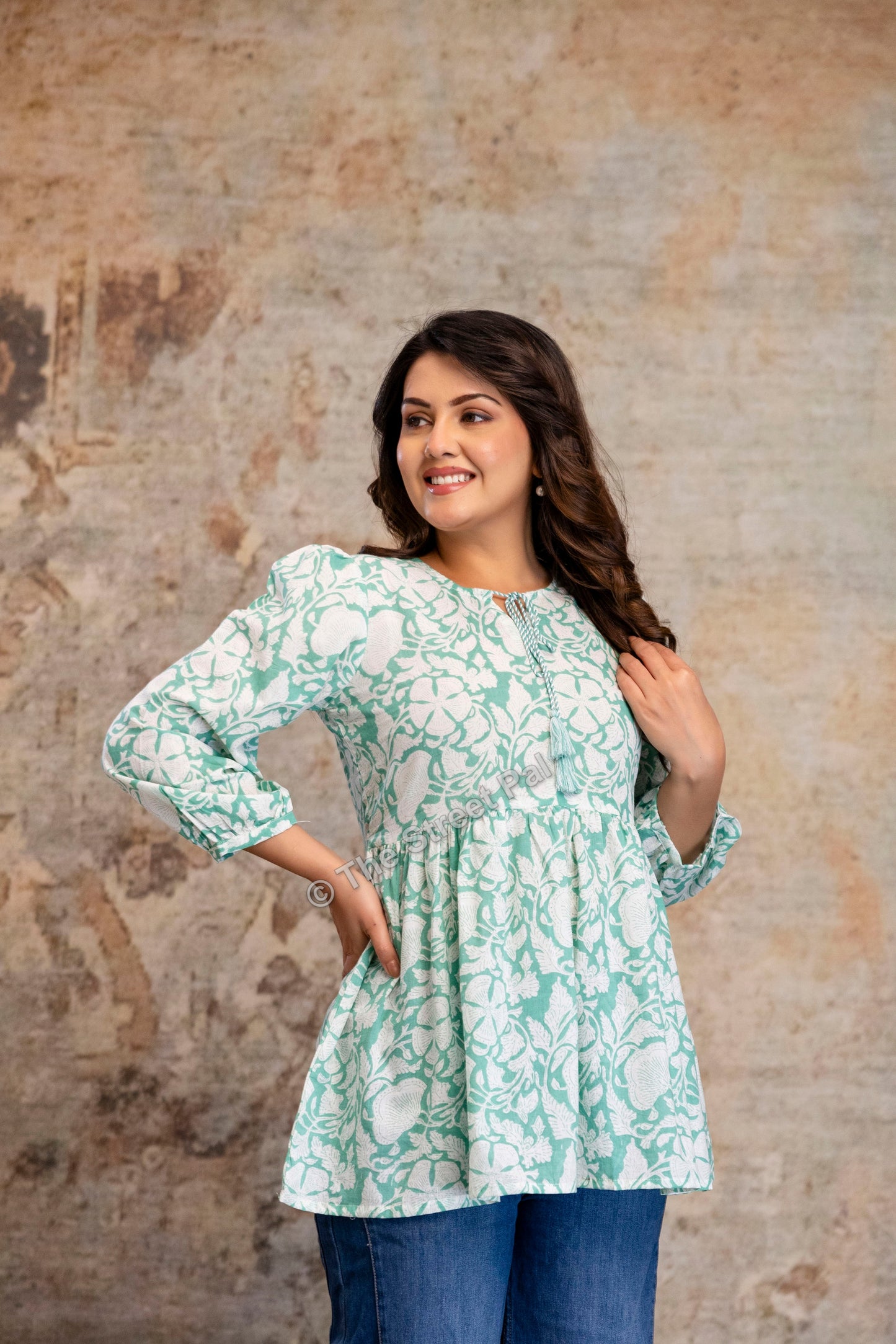 Hand Block Cotton Short Kurti – Mint Green Floral