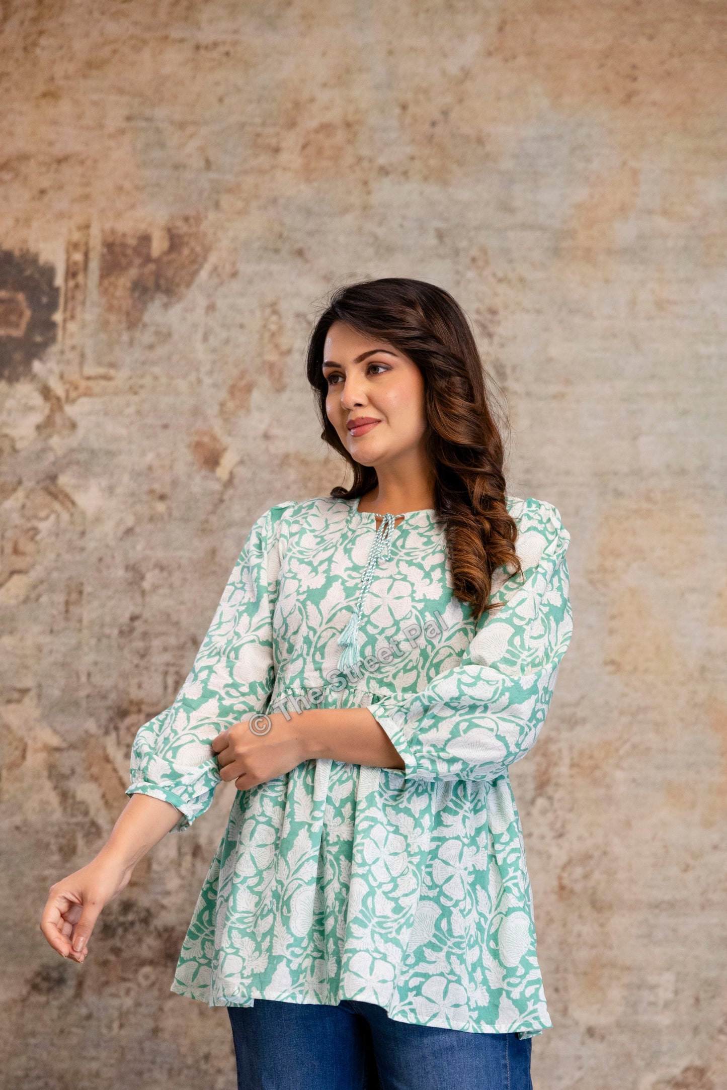Hand Block Cotton Short Kurti – Mint Green Floral