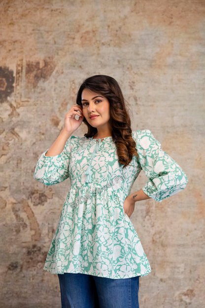 Hand Block Cotton Short Kurti – Mint Green Floral
