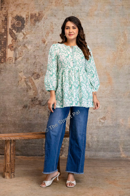 Hand Block Cotton Short Kurti – Mint Green Floral