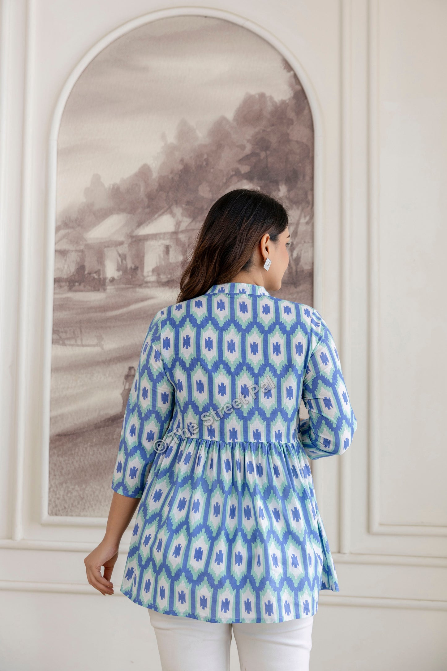 Hand Block Cotton Short Kurti – Blue Ikat Print