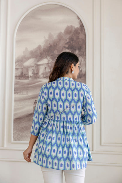 Hand Block Cotton Short Kurti – Blue Ikat Print