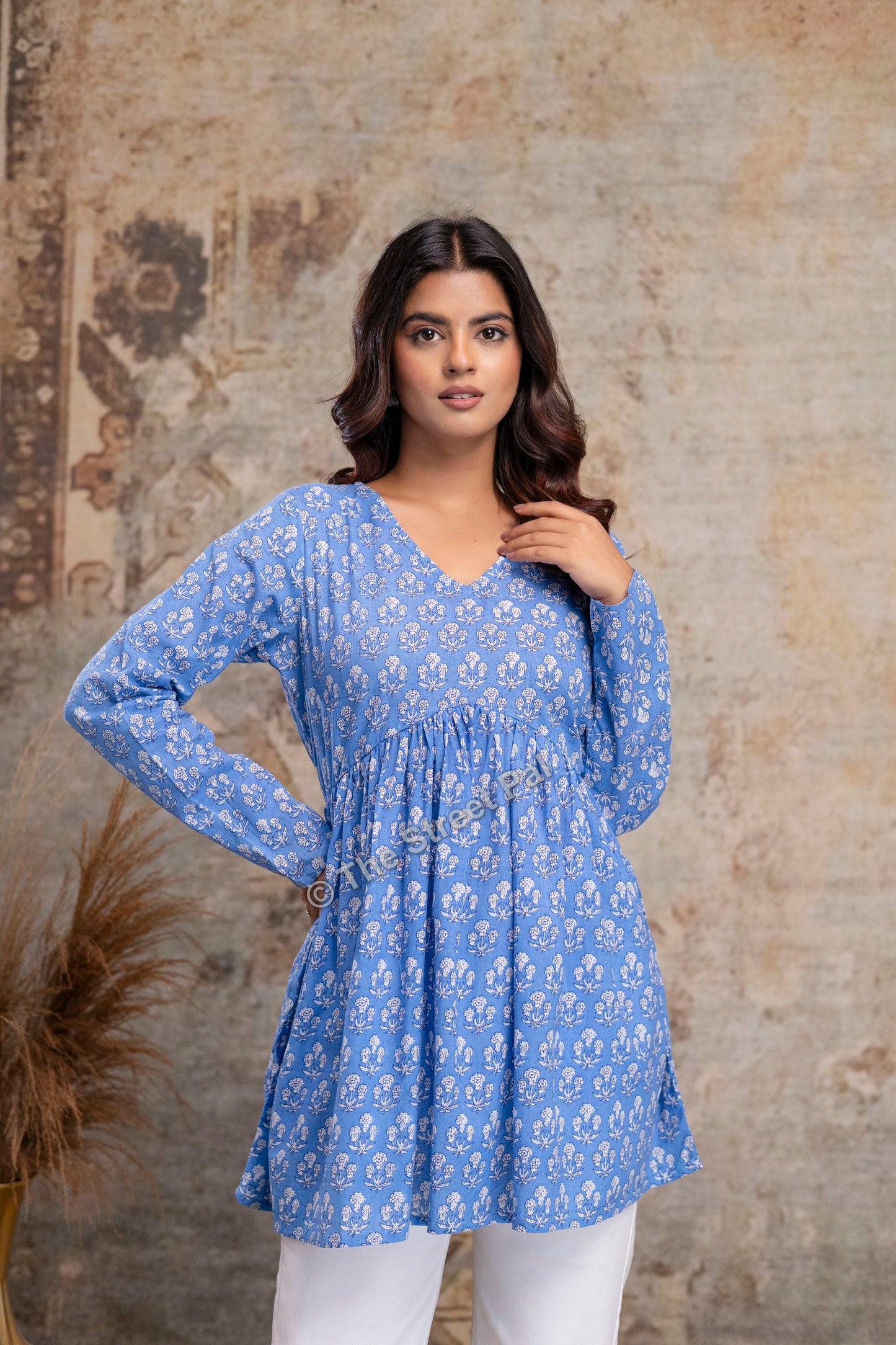 Floral Hand Block Cotton Short Kurti – Sky Blue