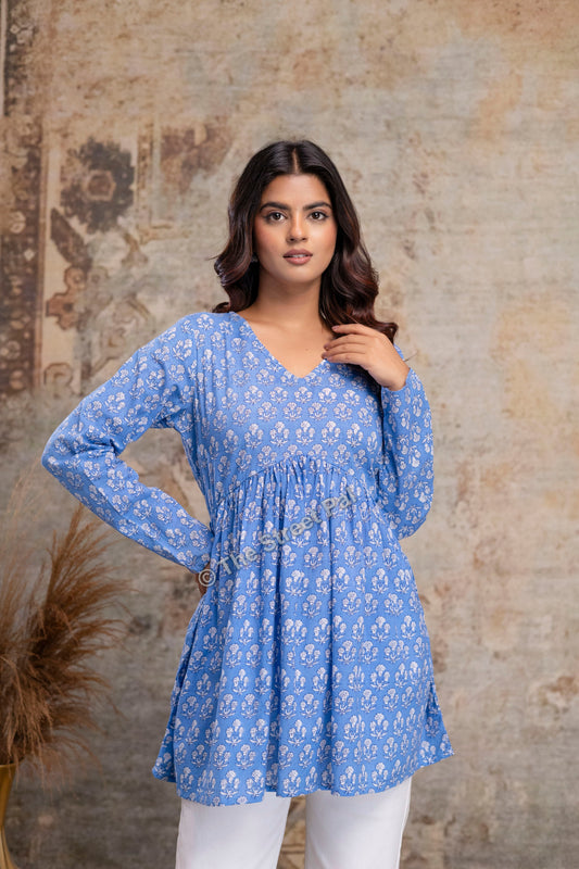 Floral Hand Block Cotton Short Kurti – Sky Blue