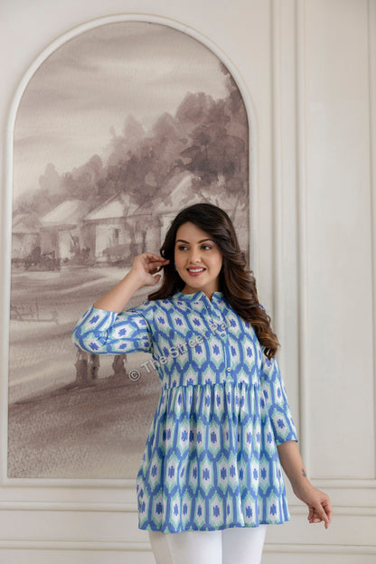 Hand Block Cotton Short Kurti – Blue Ikat Print