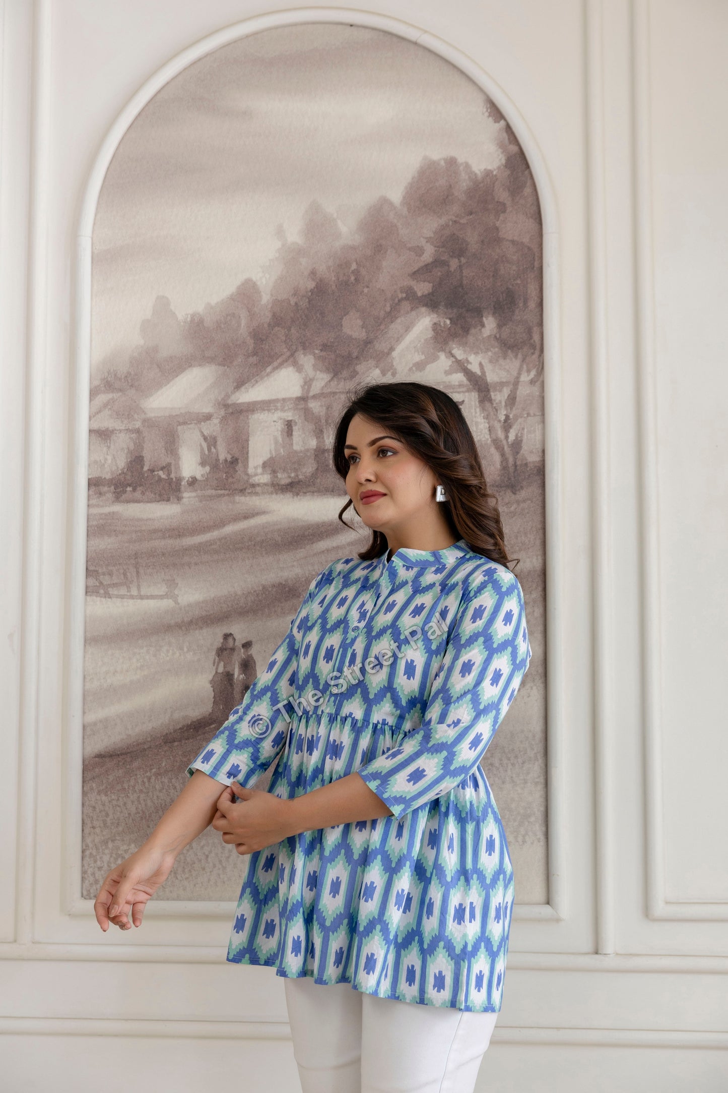 Hand Block Cotton Short Kurti – Blue Ikat Print