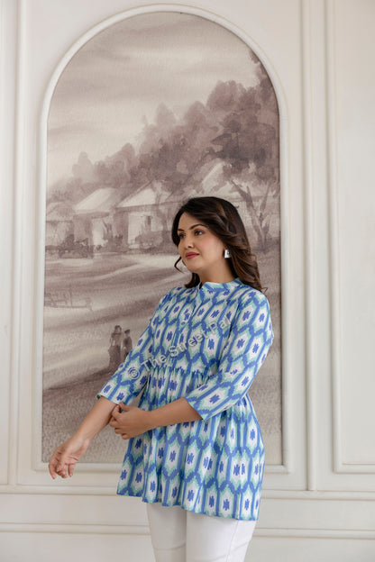 Hand Block Cotton Short Kurti – Blue Ikat Print
