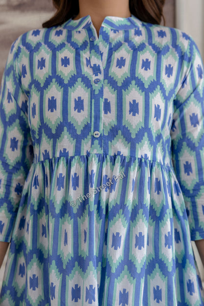 Hand Block Cotton Short Kurti – Blue Ikat Print