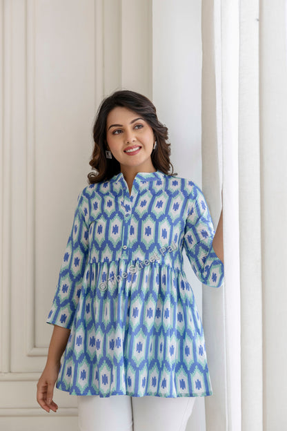 Hand Block Cotton Short Kurti – Blue Ikat Print
