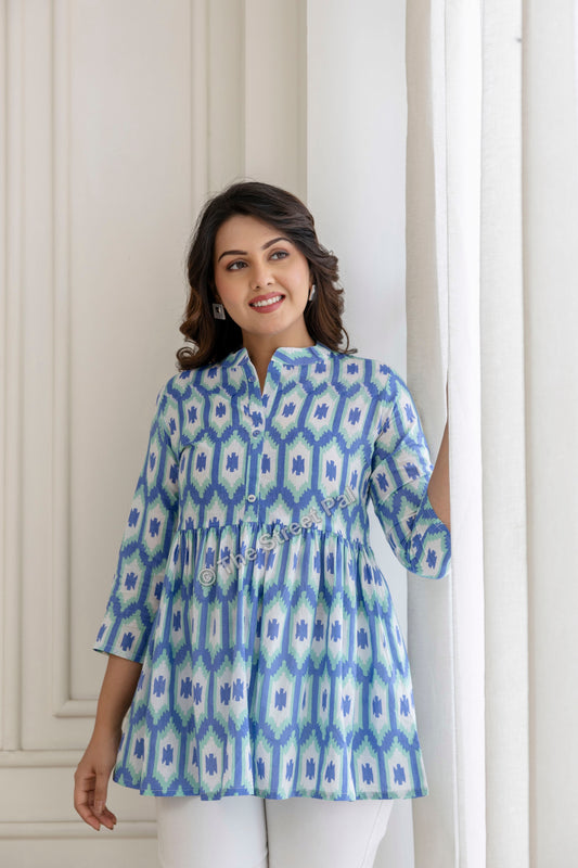 Hand Block Cotton Short Kurti – Blue Ikat Print