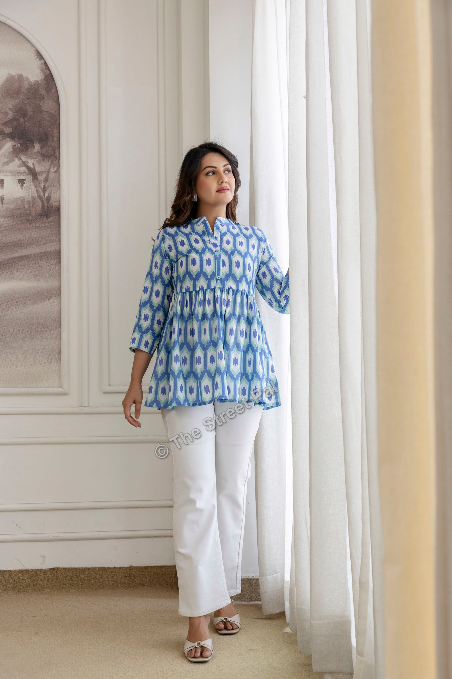 Hand Block Cotton Short Kurti – Blue Ikat Print