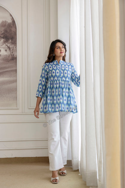 Hand Block Cotton Short Kurti – Blue Ikat Print