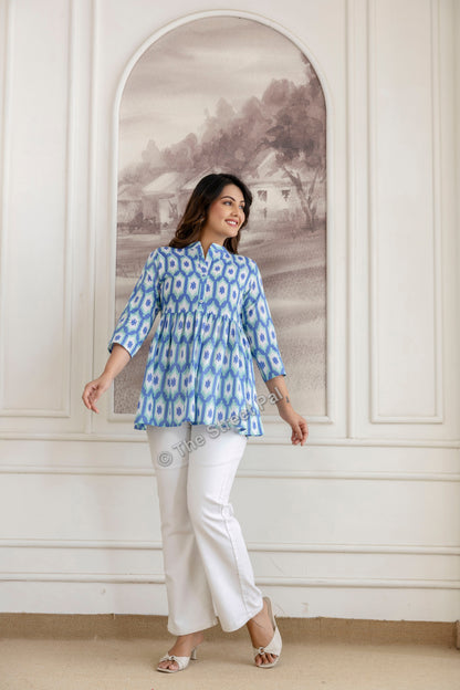 Hand Block Cotton Short Kurti – Blue Ikat Print