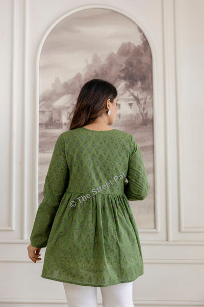Hand Block Cotton Short Kurti – Olive Green Buti Print