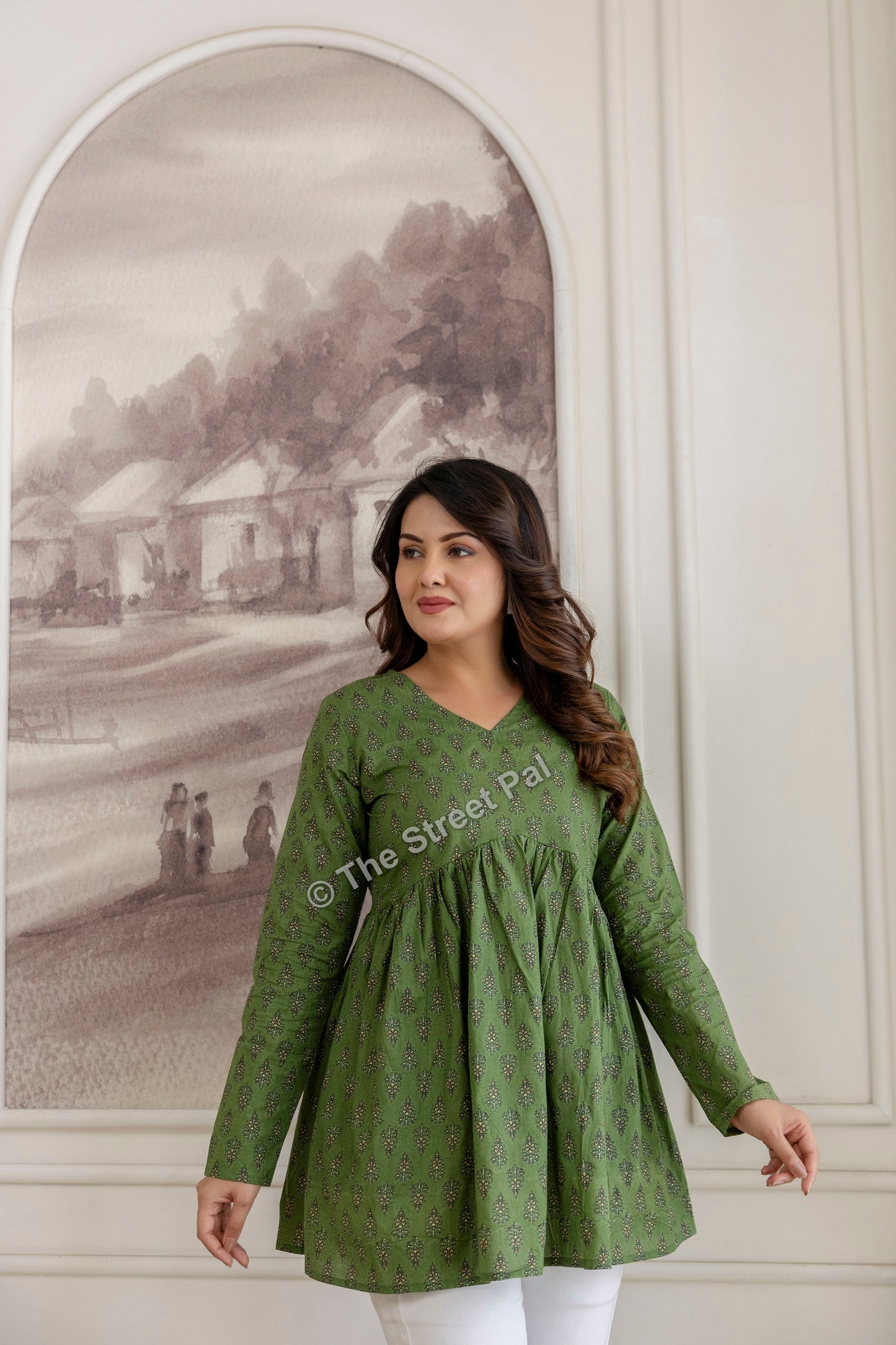 Hand Block Cotton Short Kurti – Olive Green Buti Print