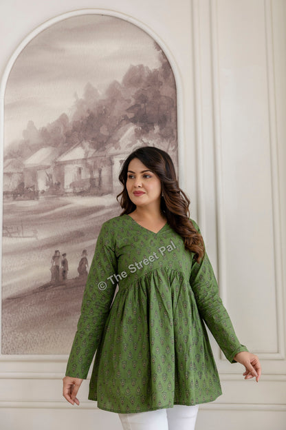 Hand Block Cotton Short Kurti – Olive Green Buti Print