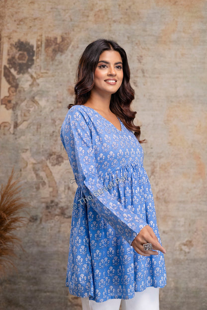Floral Hand Block Cotton Short Kurti – Sky Blue