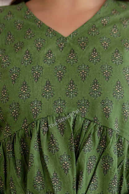 Hand Block Cotton Short Kurti – Olive Green Buti Print