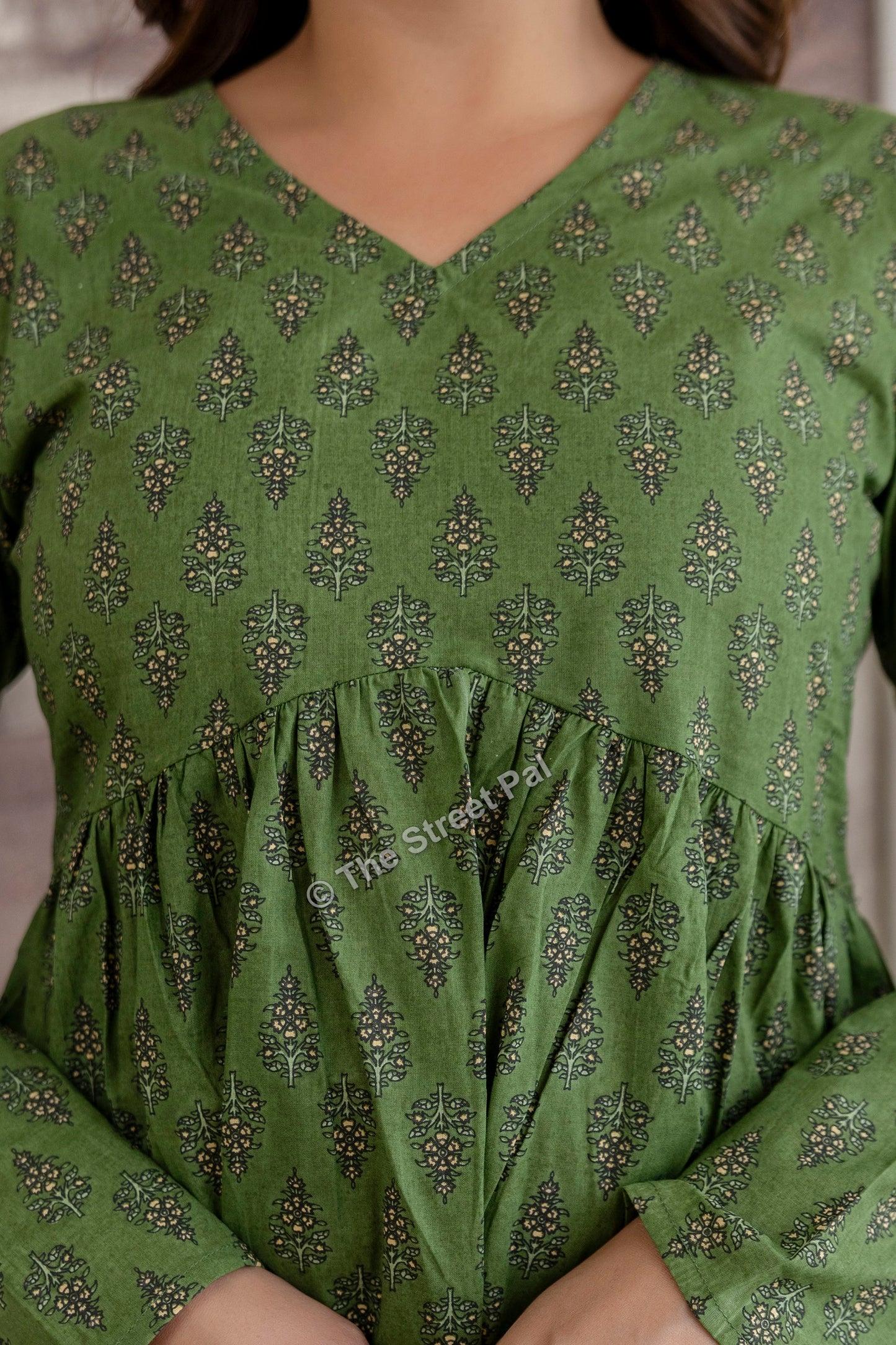 Hand Block Cotton Short Kurti – Olive Green Buti Print