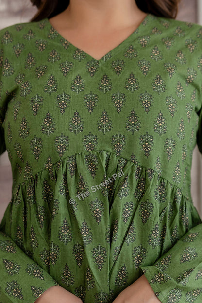 Hand Block Cotton Short Kurti – Olive Green Buti Print