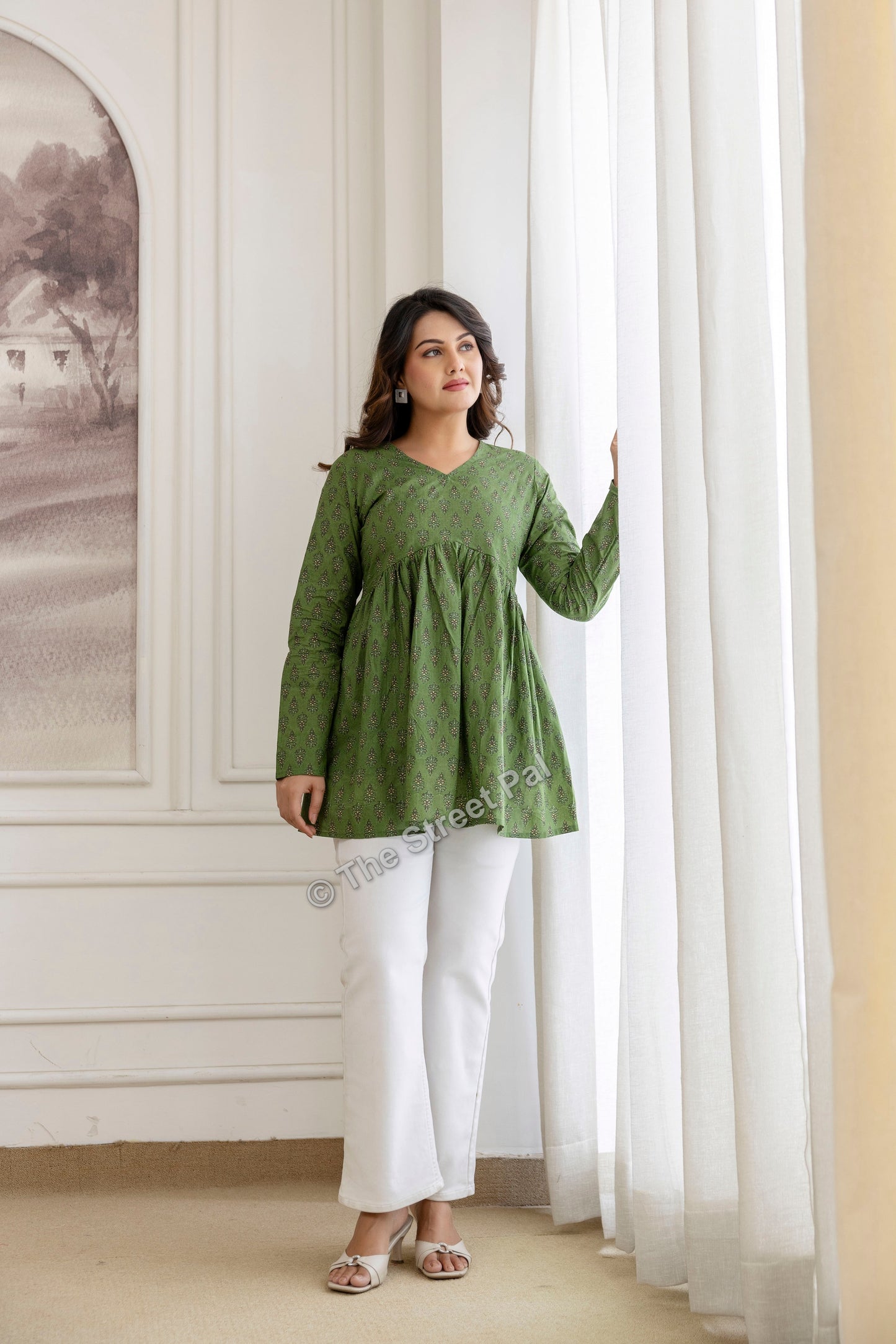 Hand Block Cotton Short Kurti – Olive Green Buti Print
